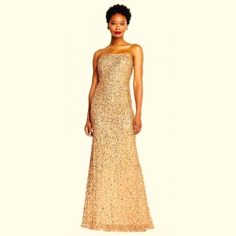 Adrianna Papell Women's Strapless Long Crunchy Bead Gown.    ROSE GOLD SIZE 12